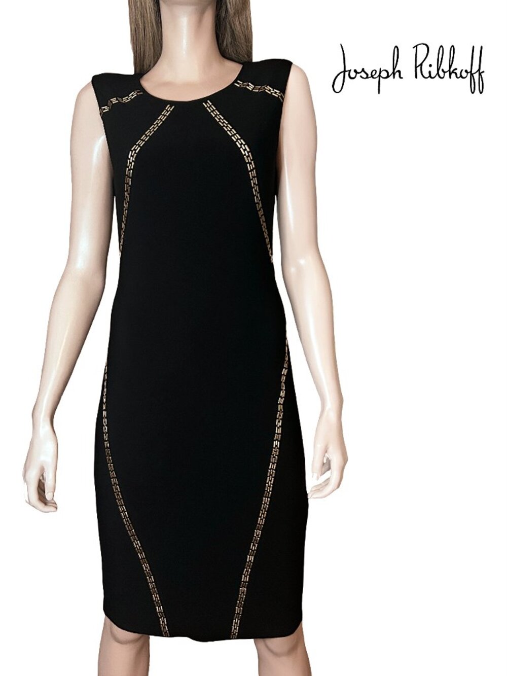 Joseph Ribkoff Jersey Knit Structured Sheath Dress Gold Studded Detail Cocktail